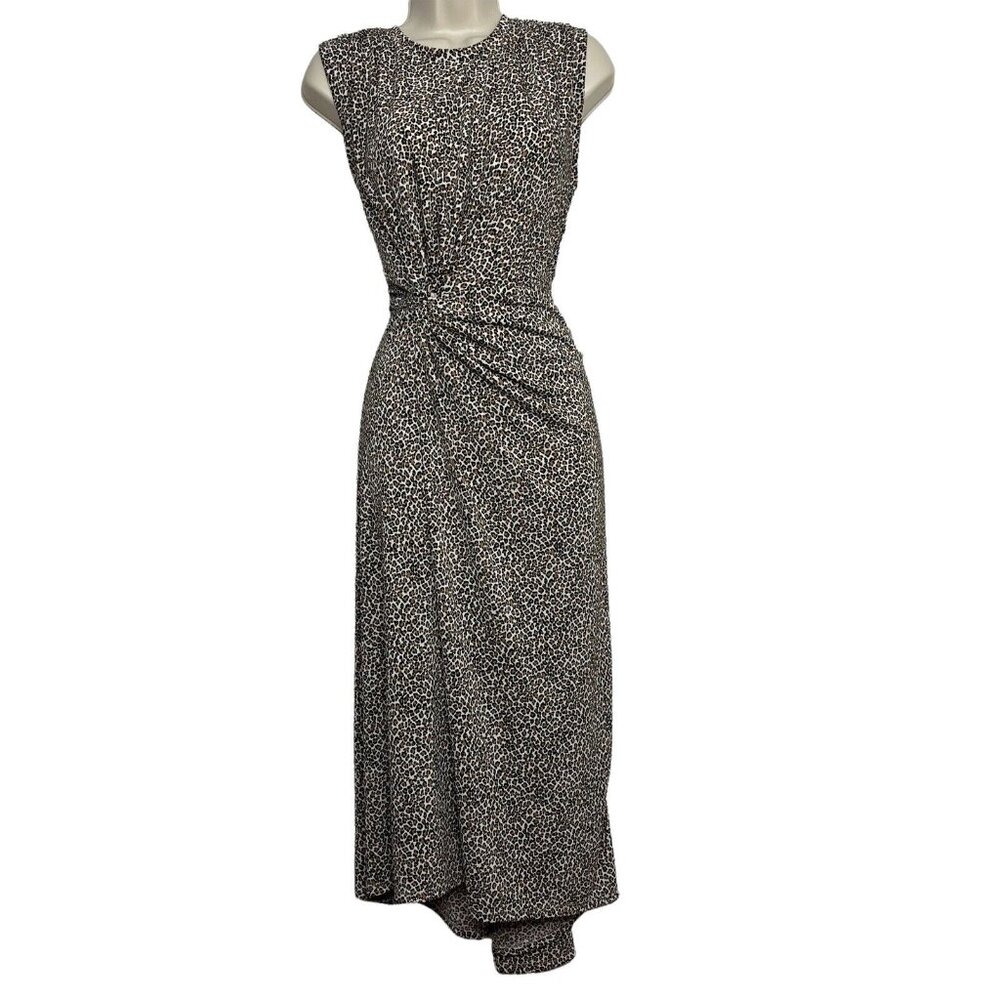 Grayson Leopard Maxi Dress Beige Black Sleeveless Cinch Waist Stretch Size S